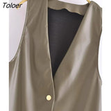 Women Fashion V Neck Solid Color Hem Ruffles PU Leather Mini Shirt Dress Female Sleeveless Buttons Vest Vestidos