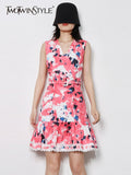 Sexy Print Colorblock Dress For Women V Neck Sleeveless High Waist Mini Dresses Female Summer Clothing Style