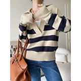 's V-neck striped sweater 2022 autumn winter new loose oversized knit