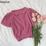 Fashion Women T Shirts Vintage Knit Cropped Sweater Tops Korean Puff Sleeve Woman Tshirts Summer 2023 Femme Ruffles
