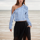 Toloer 2024 New Retro Wash Do Old Off-The-Shoulder Design Sense Denim Jacket Female Niche Design Sense Jacket-Outfit