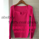 new spring sexy stylish sqaure collar full sleeves knitting pullover sexy slim T-shirt female top