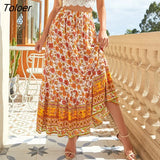 Boho Retro Floral Print Skirts Women 2023 Summer High Waist A-Line Pleated Long Skirts Casual Holiday Beach