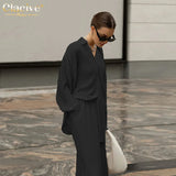Fashion Long Sleeve Blouses Womens Two Peice Sets Casual Loose Slit Wide Trouser Suits Elegant White Pleated Female