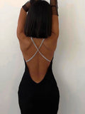 Black Sexy Sleeveless Solid Backless Chains Midi