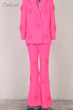 Fashion Women's Three-dimensional Decoration Blazer High Waist Straight Solid Pink Pant Sets 2023 Spring New Tide