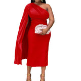 Women's Autumn Fashion Slanted Shoulders Solid Color Pressure Folded High Waist Tight Body Dress African