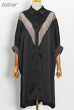 Single Breasted Black Dress For Women Lapel Collar Batwing Short Sleeve Patchwork Diamonds Mid Dresses Female 2023