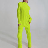 Free Shipping Cotton Casual Women Knitted Two Piece Sets Women's Slim Outfits Striped Turtleneck Sweater And Elastic Pant