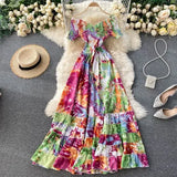 Bohemian Women Tie Dye Printed Long Dress Sexy Autumn 2021 Female V-Neck Short Sleeve High Waist Vacation Beach Ruffle