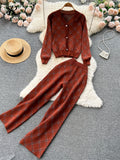 Winter Retro Plaid Knit Sets Single Breasted V Neck Cardigan+Elastic Wide Leg Long Pant Women Sweater Two Pieces