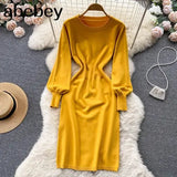 Women Autumn French Knitted Dress O Neck Long Sleeve Sheath Dress Office Lady Fashion Solid Mid Long Sweater