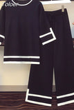 Women's Knitted Two Piece Suits Color Contrast Loose Pullover Sweater Jumpers And Wide Leg Pants Plus Szie