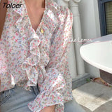 Women Summer V-Neck Flare Sleeve Sweet Elegant Chiffon Thin Retro Korean Style Fashion All-match Print Loose Casual