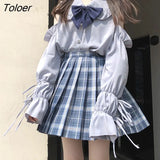 Women Shirts Off Shoulder Peter Pan Collar Sweet Lolita Style Lovely Solid Long Lantern Sleeve Bow Lace Up Female Leisure