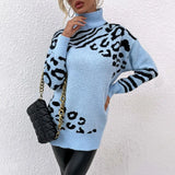 Autumn Winter Pullover Slim Knit Leopard Print Women Turtleneck Long Sleeve Warm Thick Casual Fashion Female Sweaters