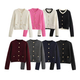 Buckle-Repair Knitted Cardigan 2025 Spring Collar Bag Long-Sleeved Women's Sweater