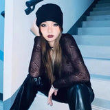 Y2k Heart Embroidery Tops Vintage Hollow Out Knit T-shirt Full Sleeve Harajuku Sexy Slim Tee Shirt See Through