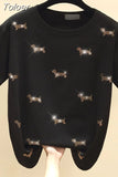 Fashion Ins Puppy Hot Rhinestone Loose T-shirt Women 2023 Summer Short Sleeve O-Neck White Cotton Tshirt Tops