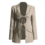 Toloer Spring Fashion Sexy V-Shaped Tie Hollow Out Waist Irregular Splicing Design Sense Suit Jacket Female-Outfit