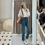 Blue Nine-Point Jeans Women 2025 New High-Rise Display Thin Man Retro Narrow Version Of Straight Smoke Pipe