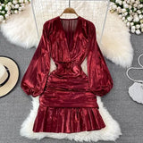 Women Sexy Draped Mini Dress Green/Red/Yellow Metal Color V-Neck Puff Long Sleeve High Waist Ruffle Hem Vestidos New