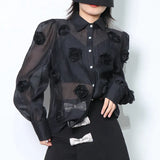 Casual Patchwork Appliques Blouses For Women Lapel Loose Long Sleeve Single Breasted Shirts Female 2022 Clothes