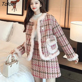 Woolen Elegant Skirt Set For Women New Winter Warm Plaid Chic Jacket Two-piece Hip Skirt Sets A-line High Waist Outfit