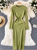 Women Autumn Knitted Dress Long Sleeve O Neck Elastic Slim Pencil Dress Korean Style Sexy Bodycon Sweater