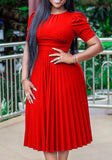O-Neck Short Sleeves Solid Midi Pleated Plus Size Office