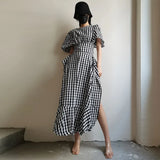 TWOTWINSTYLE Vintage Side Split Plaid Dress For Women Round Neck Puff Sleeve High Waist Ruffle Trim Dresses Female Fashion