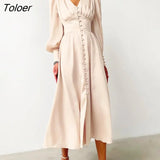 White Single Breasted Elegant Dress For Women Party Robe High Waist Satin Long Dress Chic Midi Dresses Lantern Sleeve