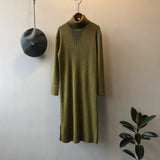 Women's Turtleneck Striped Ribbed Pit Knitted Sweater Dress 2022 Winter Korean Long Midi