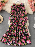 Spring Autumn Bohemian Vacation Beach Long Dress Women Elegant Square Collar Lantern Long Sleeve A-Line Vestidos Casual Robe