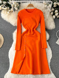 Autumn Women Split Knitted Dress Temperamant Long Sleeve O Neck Slim 2022 Fashion Party Solid Elastic Warm Long