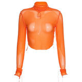 Spring Turtleneck T-Shirts Ruffles Crop Tops Solid Ruched Mesh Women Elastic Slim Long Sleeve Tees Female Outfits
