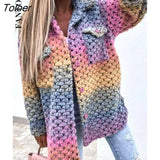 Single Breasted Print Jacket Women Winter Long Sleeve Turn Down Collar Female Outwear Casual Elegant Pocket Cardigan