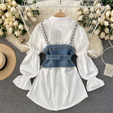 2023 New Blouse Women's Diamond Beaded Puff Sleeve Blusa Top Tassel Pearl Sling Waistcoat Two-piece Sets Stacking