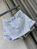 2023 Autumn Women's Shorts New Fashion High Waist Spliced Solid Color Irregular A-line Wide Leg Denim Shorts Skirts