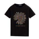 Fashion Ins Hot Rhinestone Loose T-shirt Women 2023 Summer Small Daisy Short Sleeve Sun Flower Cotton Tshirt