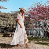Women Off Shoulder Lace Patchwork Elegant Dress Casual Bohemian Deep V Neck Short Sleeve Loose Vestidos Summer
