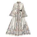 Dress New Retro Print Collar Collar Horn Sleeve Dress Women's Single Buckle Large Irregularly Folded Long