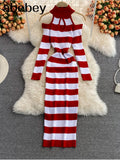 Women Retro Stripe Knitted Dress Sexy Off Shoulder Long Sleeve Slim Dresses Autumn Winter Bodycon Korean Sweater
