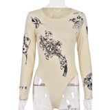 Sexy Fashion Summer Women Long Sleeve Skinny Bodysuits Graphic Print o-Neck Elastic Hight Sporty Streetwear Slim