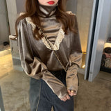Lace Blouses Ruffle Patchwork Women Black Shirts Korean Vintage Turtleneck Elegant Ladies Tops Blusa Mujer De Moda