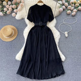 French Pleated Women Dress V Neck Short Sleeve Waist Sheath Dress Female Retro Belt Streetwear Fashion Long