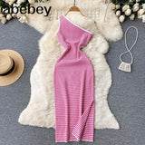 Summer Knitted Dress Women Skew Collar Elastic Waist Design Slim Sundress Female Party Sexy Bodycon