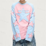 Star Embroidery Y2K Pullover Women's Contrast Patch Harajuku Dress Long Sleeve Preppy Long Sports