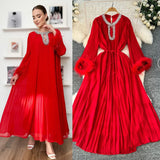 2025 New Elegant Solid Dress Round Collared Loose Hair Splicing 100 Folding Long