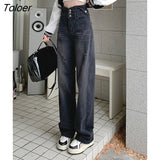 High Waist Wide Leg Jeans Women Autumn Winter Triple Breasted Loose Trousers Street Black-gray Straight Jeans Woman